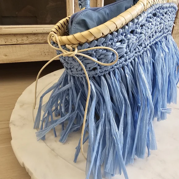 Caterina Bertini Fringe Straw Mini Tote Blue Made In Italy - Picture 8 of 17